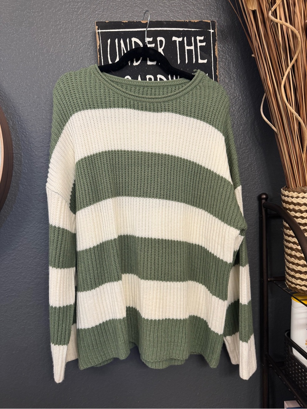 Striped Olive and Cream Knit Sweater - Women Large